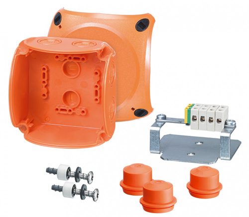 Hensel FK 0402 funkciómegtartó doboz ( DIN 4102) összekötő kapocs nagy hőállóságú kerámiából, kapocstartomány 1,5-6 mm2, Cu, védett szereléshez, narancs, RAL 2003