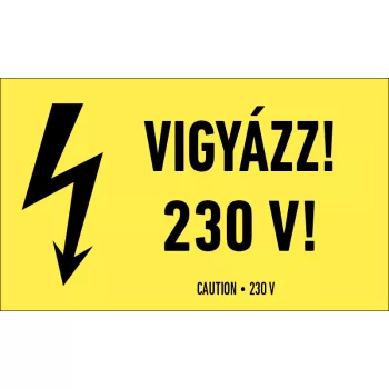   Vigyázz! 230V! Öntapadós sárga matrica, 100x60 mm-es méretben, 4db/ív (ERV062001ONV01000060)