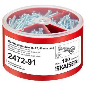 Kaiser 2472-91 100 darabos készülékrögzítő csavarkészlet 3,2 mm átmérőjű korrózióálló önmetsző csavarokkal. Hosszúság: 15, 25 és 40 mm / mindegyikből 100-100 darab 