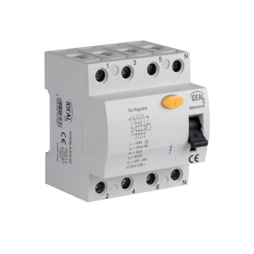 Kanlux IDEAL 23185 KRD6-4/63/30 áram-védőkapcsoló (Fi-relé), AC osztály, 4P, 63A, 30mA (Kanlux 23185)