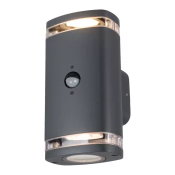   Kanlux 90103 ZEVI kültéri kerti lámpatest, mozgásérzékelővel, grafit színben, 2xGU10 foglalattal, 2x max 7 W teljesítményű fényforráshoz, IP54 védettséggel, 220–240 V AC ( Kanlux 90103 )