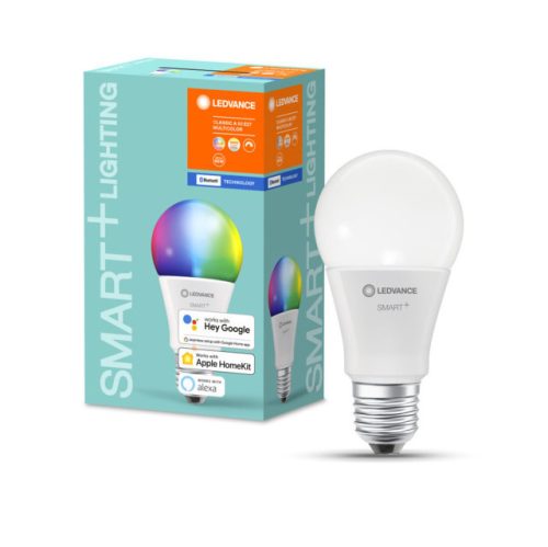 LEDVANCE SMART+ Bluetooth vezérlésű LED fényforrás Classic forma szabályozható 9 W-os változtatható színhőmérséklet: fehér / RGBW 2700-6500 K 806 lm IP20 20 000 óra E27 hangvezérelhető 4058075208469