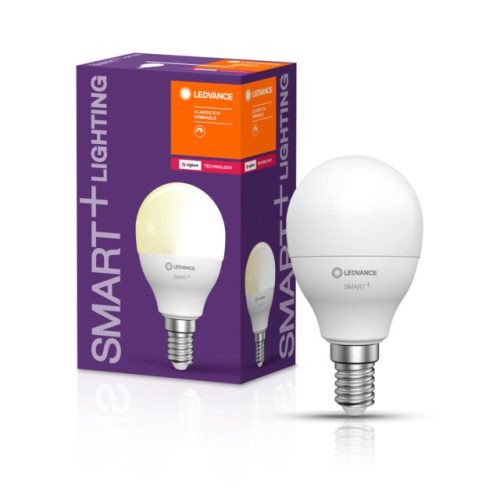 LEDVANCE SMART+ Zigbee vezérlésű, LED fényforrás, Mini bulb, szabályozható, 5 W-os, ( 2700 K ), 470 lm, IP20, 20 000 óra élettartammal, foglalat: E14, hangvezérelhető, ( LEDVANCE 4058075485150 )