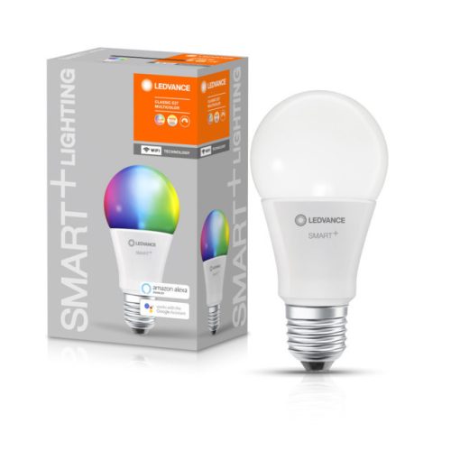 LEDVANCE SMART+ WIFI vezérlésű LED fényforrás Classic forma szabályozható 9 W-os változtatható színhőmérséklet: fehér / RGBW 2700-6500 K 806 lm IP20 15 000 óra E27 hangvezérelhető 4058075485396