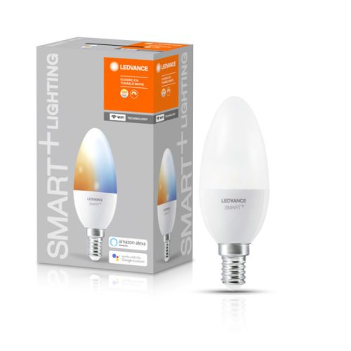 LEDVANCE SMART+ WIFI vezérlésű, LED fényforrás, gyertya alakú, szabályozható, 5 W-os, változtatható színhőmérséklet: fehér 2700-6500 K, 470 lm, IP20, 20 000 óra, E14, hangvezérelhető 4058075485556