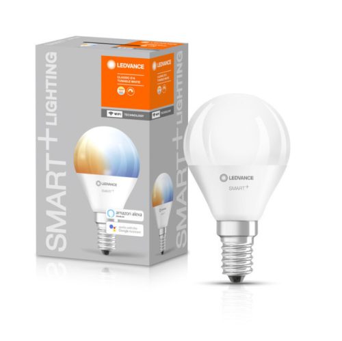 LEDVANCE SMART+ WIFI vezérlésű, LED fényforrás, Mini bulb, szabályozható, 5 W-os, változtatható színhőmérséklet: fehér (2700-6500 K), 470 lm, IP20, 20 000 óra, E14, hangvezérelhető (4058075485617)