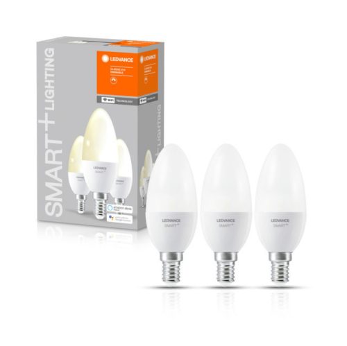 LEDVANCE SMART+ WIFI vezérlésű, LED fényforrás, gyertya alakú, szabályozható, 5 W-os, (2700 K), 470 lm fényerővel, IP20, 20 000 óra élettartammal, foglalat: E14, hangvezérelhető (4058075485891)