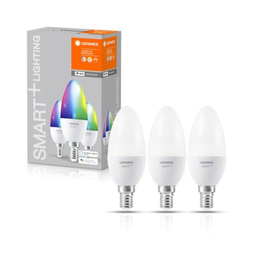 LEDVANCE SMART+ WIFI vezérlésű LED fényforrás gyertya alakú szabályozható 5 W-os változtatható színhőmérséklet: fehér / RGBW 2700-6500 K 470 lm IP20 20 000 óra E14 hangvezérelhető 4058075485938