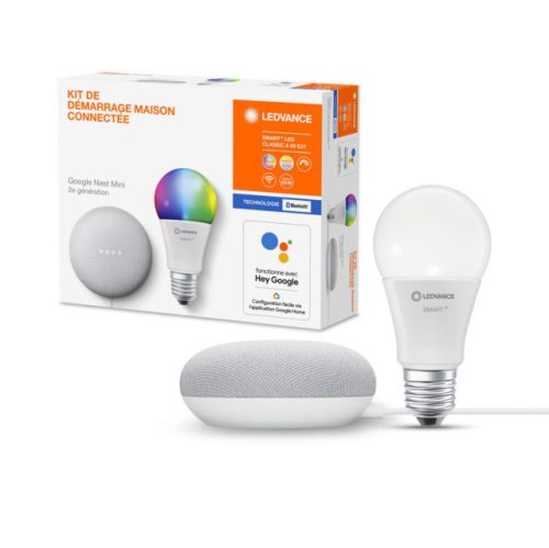 LEDVANCE Google Mini Nest Bundle Bluetooth vezérlésű, LED fényforrás, grey Classic A60 FR RGBW E27 BT-os, fényerővel, IP20, élettartammal, foglalat: LED modul, hangvezérelhető (4058075537392)