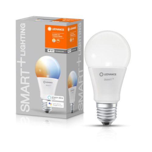 LEDVANCE SMART+ WIFI vezérlésű, LED fényforrás, Classic forma, szabályozható, 9 W-os, változtatható színhőmérséklet: fehér 2700-6500 K, 806 lm, IP20, 15 000 óra, E27, hangvezérelhető 4058075778412