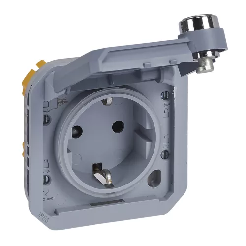 Legrand Plexo 55 069574L 2P+F csatlakozóaljzat csapófedéllel ( kulcsos ), 16 A, IP55, szürke