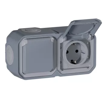   Legrand Plexo 55 069742L vízmentes IP55 csatlakozóaljzat (dugalj) 2X2P+F csapófedéllel, vízszintes , szürke burkolattal, kerettel, csapófedéllel, falon kívüli ( összeszerelt ), 16A 250V, Legrand 069742L