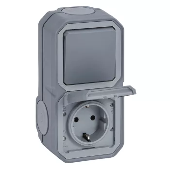   Legrand Plexo 55 069746L vízmentes IP55 váltókapcsoló (106), szürke burkolattal, kerettel, csapófedéllel, falon kívüli ( összeszerelt ), 10A 250V, Legrand 069746L