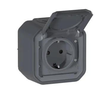   Legrand Plexo 55 069784L vízmentes IP55 csatlakozóaljzat (dugalj) 2P+F csapófedéllel, antracit burkolattal, elektromos kerékpárok töltéséhez, kerettel, csapófedéllel, falon kívüli ( összeszerelt ), 16A 250V, Legrand 069784L