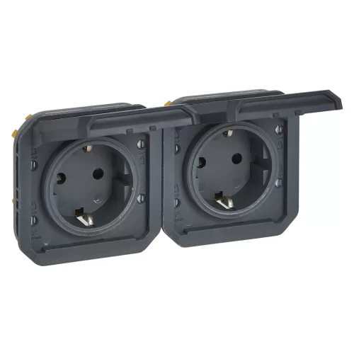 Legrand Plexo 55 069879L kettős dugalj csapófedéllel, 16 A, IP55, antracit, süllyesztett