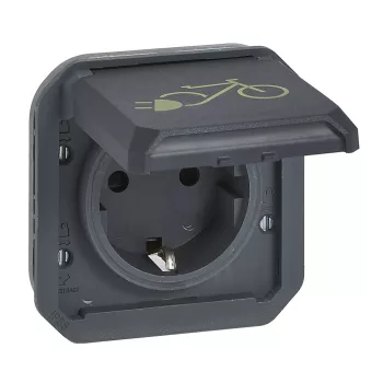   Legrand Plexo 55 069886L vízmentes IP55 csatlakozóaljzat (dugalj) 2P+F csapófedéllel, antracit burkolattal, elektromos kerékpárok töltéséhez, kerettel, csapófedéllel, süllyesztett kivitel ( összeszerelt ), 16A 250V, Legrand 069886L