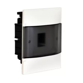   Legrand 134154 Practibox S műanyag kiselosztó 4 modul, 1 sor, Füstszínű ajtóval, IP40, téglafalba süllyesztett, PE és N sínnel, méret : 215x184x100 mm