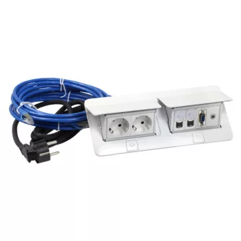   Legrand 654012 Pop-up felszerelt felnyíló süllyesztett doboz 8 modul, 1x2P+F, 2xRJ45 Cat.6 UTP, 1xHD15, 2 m vezeték 2P+F dugóval, 3 m RJ 45 vezeték, 0,1 m VGA kábel, 0,1 m jack 3,5 mm, fehér ( Legrand 654012 )