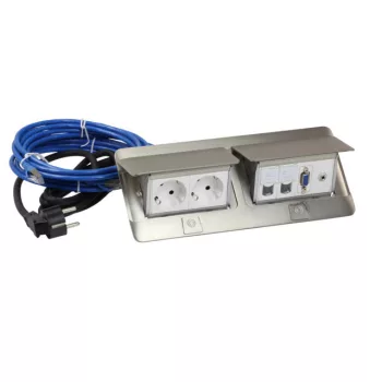   Legrand 654013 Pop-up felszerelt felnyíló süllyesztett doboz 8 modul, 1x2P+F, 2xRJ45 Cat.6 UTP, 1xHD15, 2 m vezeték 2P+F dugóval, 3 m RJ 45 vezeték, 0,1 m VGA kábel, 0,1 m jack 3,5 mm, rozsdamentes acél ( Legrand 654013 )