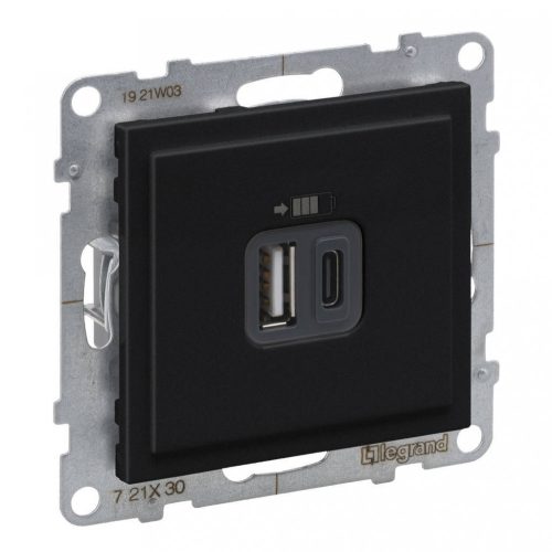 Legrand SUNO 721430 Kettős USB-A + USB-C töltőaljzat, fekete burkolattal, keret nélkül