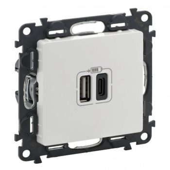   Legrand 753106 Valena Life Töltőaljzat Kettős USB C-típusú + USB A-típusú csatlakozóval, 5V–3A–15W, Túlfesz-védelem >1kW, Class II SELV, Fehér ( Legrand 753106 )