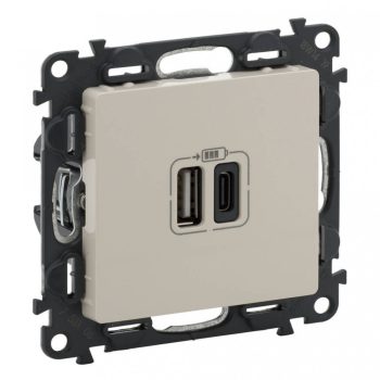   Legrand 753206 Valena Life Töltőaljzat Kettős USB C-típusú + USB A-típusú csatlakozóval, 5V–3A–15W, Túlfesz-védelem >1kW, Class II SELV, Elefántcsont ( Legrand 753206 )