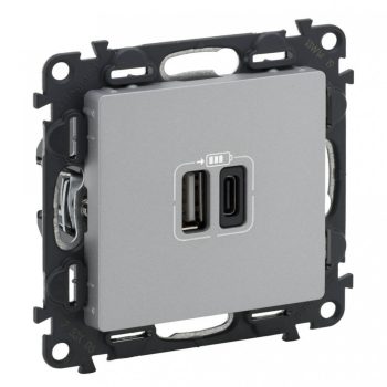   Legrand 753306 Valena Life Töltőaljzat Kettős USB C-típusú + USB A-típusú csatlakozóval, 5V–3A–15W, Túlfesz-védelem >1kW, Class II SELV, Alumínium ( Legrand 753306 )