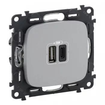   Legrand 754967 Valena Allure Töltőaljzat Kettős USB C-típusú + USB A-típusú csatlakozóval, 5V–3A–15W, Túlfesz-védelem >1kW, Class II SELV, Alumínium ( Legrand 754967 )