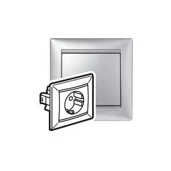   Legrand Valena 770123 földelt csatlakozóaljzat (dugalj) egybeépített burkolattal, kerettel 2P+F aluminium, süllyesztett, 16A 250V (Legrand 770123)