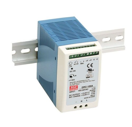 Mean Well DRC-100B Kétkimenetes sínre pattintható tápegység és akkumulátor töltő, Vin: 90-264VAC / 127-370VDC, Vout: 27,6VDC/3,5A / 27,6VDC/1,25A, P: 100W ( DRC-100B )
