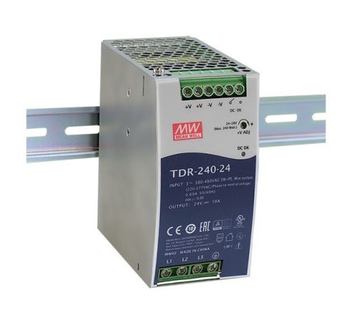Mean Well TDR-240-24 DIN sínre pattintható tápegység megnövelt bemeneti feszültségtartománnyal, Vin: 340-550 VAC háromfázisú, Vout: 24 VDC (0-10A), P: 240 W, 63 x 125, 2 x 113,5 mm ( TDR-240-24 )