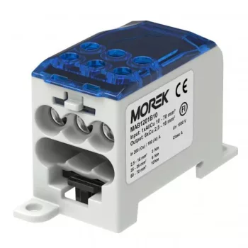   Morek MAB1201B10 OJL 200A Elosztóblok be: 1x Al/Cu 10-70mm2 - ki: 6x Cu 2,5-16mm2 - kék/szürke