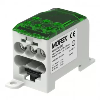   Morek MAB1201G10 OJL 200A Elosztóblok be: 1x Al/Cu 10-70mm2 - ki: 6x Cu 2,5-16mm2 - zöld/szürke