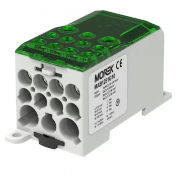   Morek MAB1281G10 OJL 280A Elosztóblok be: 1x Al/Cu 35-120mm2 - ki: 2x 6 -35mm2 + 5x 2,5-16mm2 + 4x 2,5-10mm2 - zöld/szürke