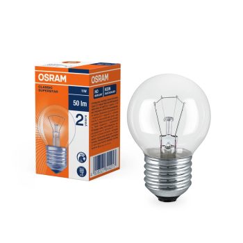 OSRAM hagyományos izzó kisgömb forma, átlátszó üveg búra, E27 foglalat, 11W, 50lm, 2700K meleg fehér