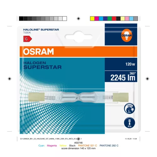 OSRAM halogén vonalizzó R7s foglalat, átlátszó üveg búra, 120W, 3000K, 2245lm, 118mm hosszú