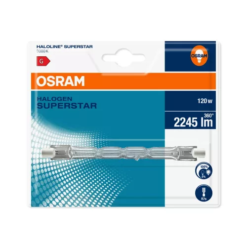OSRAM halogén ceruza izzó R7s foglalat, átlátszó üveg, 120W, 3000K, 2245lm, meleg fehér, 118mm