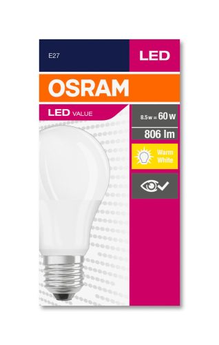 OSRAM Value LED körte, matt búra, 8,5W 806lm 2700K E27, átlagos élettartam: 10000 óra, fényszín: meleg fehér LED VALUE CL A 60 FR 8.5W 2700K E27 ( 4052899326842 )
