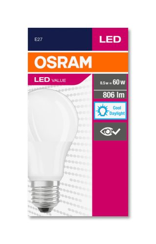 OSRAM Value LED izzó, körte forma, matt búra, matt búra, E27 foglalat, 8,5W, 6500K, 806lm