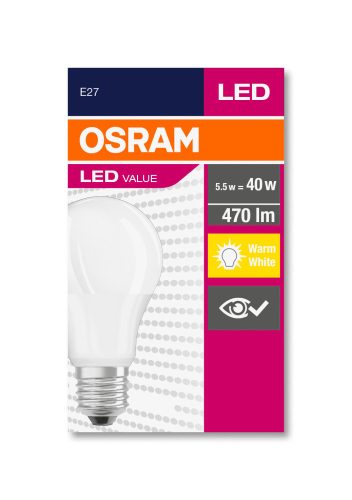 OSRAM Value LED körte, matt búra, 5,5W 470lm 2700K E27, átlagos élettartam: 10000 óra, fényszín: meleg fehér LED VALUE CL A 40 FR 5.5W 2700K E27 ( 4052899326927 )