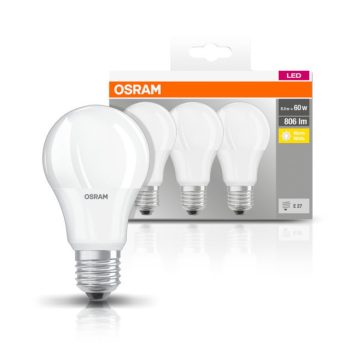 OSRAM Base LED izzó, körte forma, matt plasztik búra, E27 foglalat, 8,5W, 2700K, 806lm, 3 db csomag