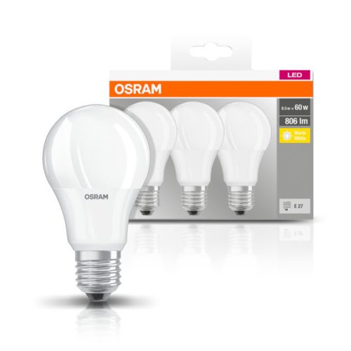 OSRAM Base LED izzó, körte forma, matt plasztik búra, E27 foglalat, 8,5W, 2700K, 806lm, 3 db csomag
