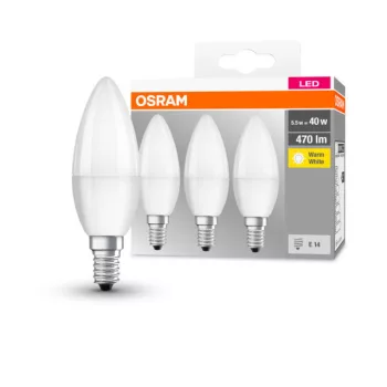 OSRAM Base LED gyertya izzó, matt plasztik búra, E14 foglalat, 5W, 2700K, 470lm, 3 db csomag