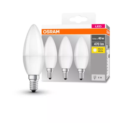 OSRAM Base LED gyertya izzó, matt plasztik búra, E14 foglalat, 5W, 2700K, 470lm, 3 db csomag