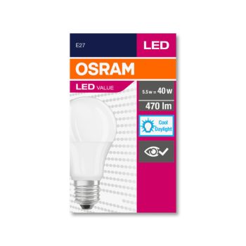 OSRAM Value LED izzó, körte forma, matt búra, matt búra, E27 foglalat, 5,5W, 6500K, 470lm