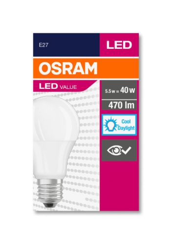 OSRAM Value LED izzó, körte forma, matt búra, matt búra, E27 foglalat, 5,5W, 6500K, 470lm