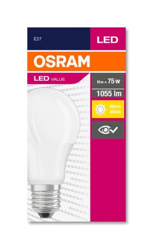 OSRAM Value LED körte, matt búra, 10W 1055lm 2700K E27, átlagos élettartam: 10000 óra, fényszín: meleg fehér LED VALUE CL A 75 FR 10W 2700K E27 ( 4052899971028 )