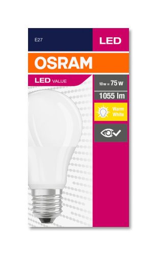 OSRAM Value LED izzó, körte forma, matt búra, E27 foglalat, 10W, 2700K, 1055lm, meleg fehér