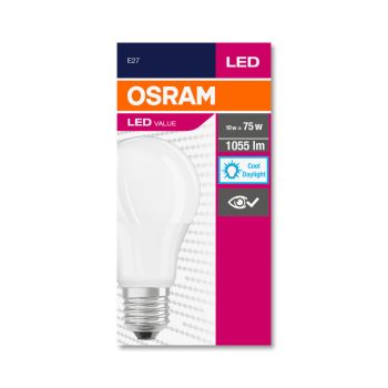 OSRAM Value LED izzó, körte forma, matt búra, matt búra, E27 foglalat, 10W, 6500K, 1055lm