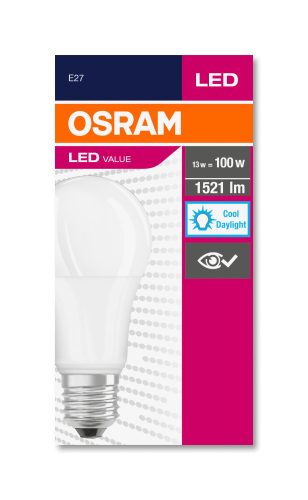 OSRAM Value LED körte, matt búra, 13W 1521lm 6500K E27, átlagos élettartam: 10000 óra, fényszín: daylight LED VALUE CL A 100 FR 13W 6500K E27 ( 4052899971042 )